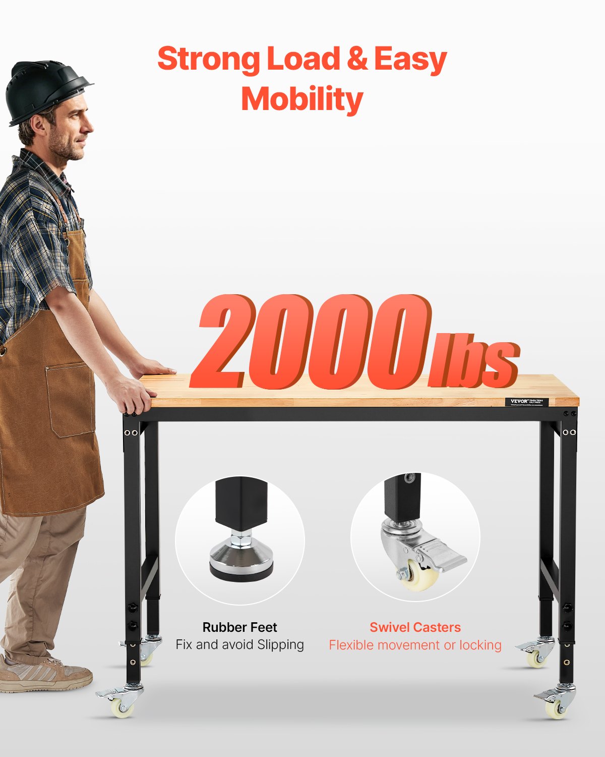 VEVOR 1219 mm Adjustable Workbench, 907 kg Load, Work Bench with Power Outlet, Wheels, and Pegboard, Heavy Duty Oak Wood Top Work Table for Garage, Workshop, Office, and Home