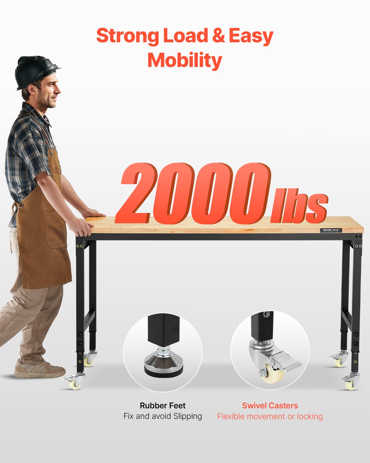 VEVOR 1524 mm Adjustable Workbench, 907 kg Load, Work Bench with Power Outlet, Wheels, and Pegboard, Heavy Duty Oak Wood Top Work Table for Garage, Workshop, Office, and Home
