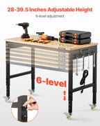 VEVOR 1219 mm Adjustable Workbench, 907 kg Load, Work Bench with Power Outlet, Wheels, and Pegboard, Heavy Duty Oak Wood Top Work Table for Garage, Workshop, Office, and Home