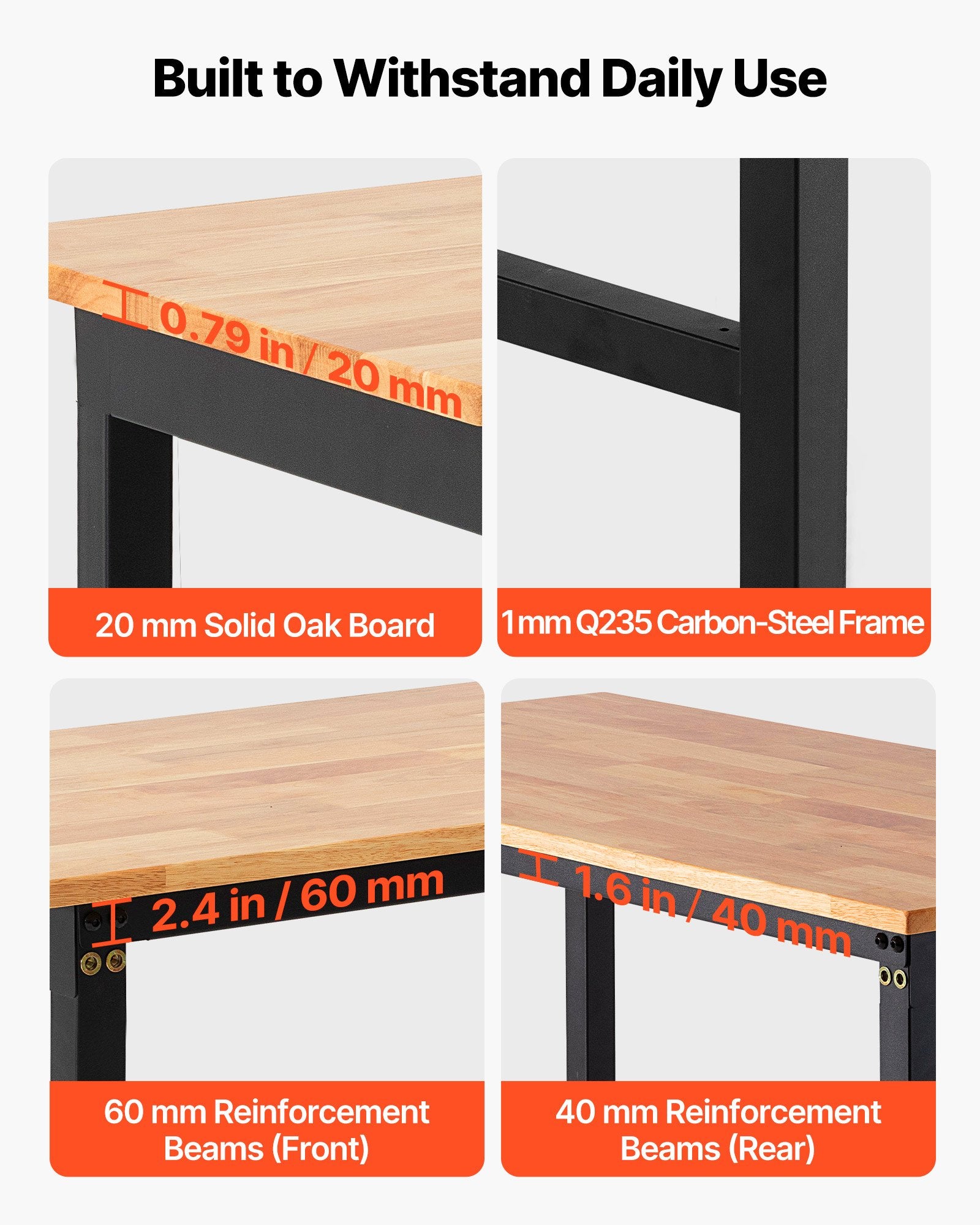 VEVOR Adjustable Workbench, 680 kg Capacity, 122 x 60 cm Oak Wood Top Workbench with 67-102 cm Height Adjustment, Heavy-Duty Hardwood Worktable for Garage, Workshop, Home, Office, Commercial