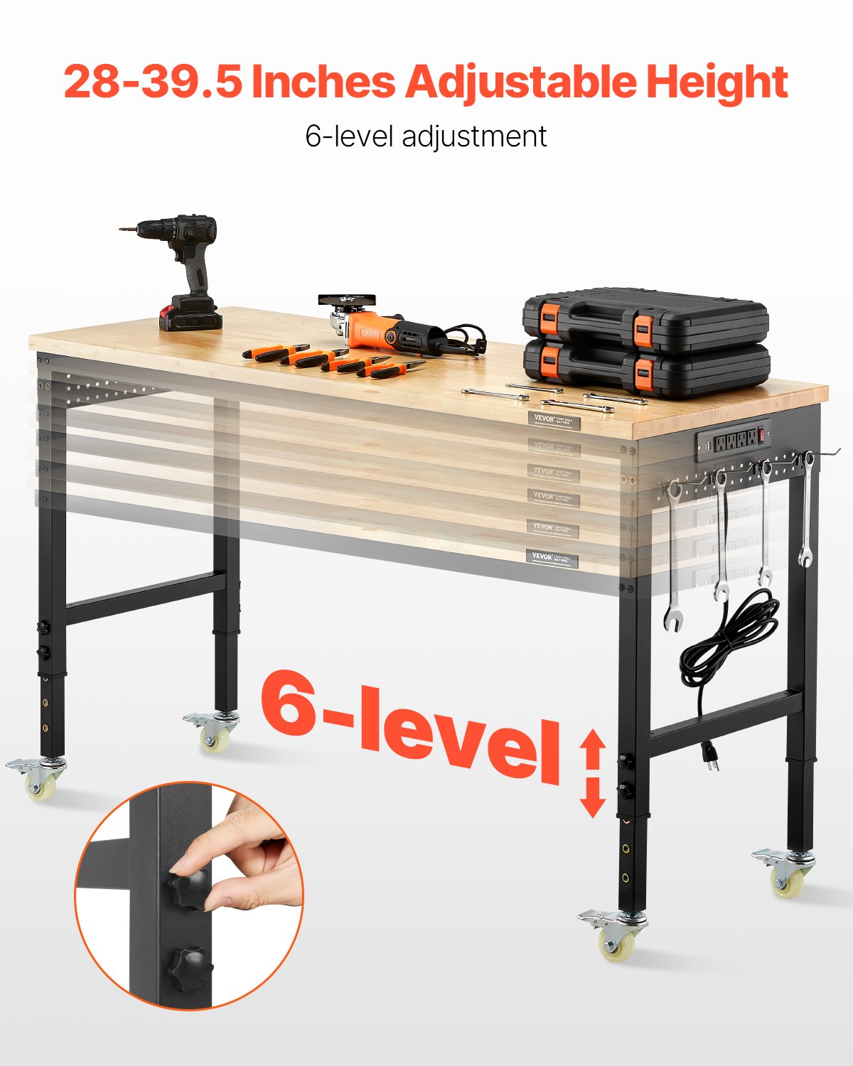 VEVOR 1524 mm Adjustable Workbench, 907 kg Load, Work Bench with Power Outlet, Wheels, and Pegboard, Heavy Duty Oak Wood Top Work Table for Garage, Workshop, Office, and Home