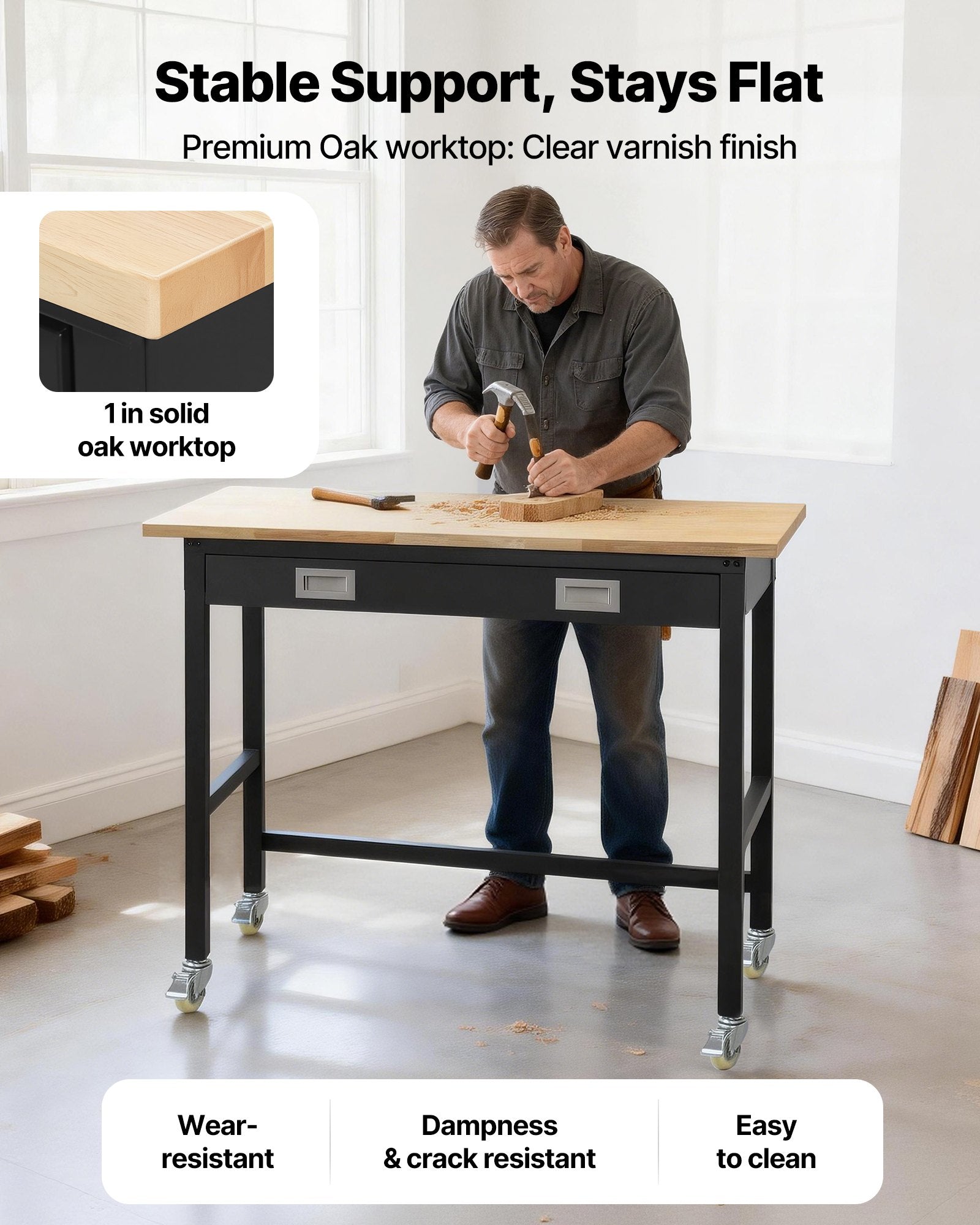 VEVOR 1220 mm Workbench, 680 kg Load Capacity, Garage Workbench with Drawer Storage & Wheels, Workshop Bench on Wheels, Heavy Duty Oak Wood Top Work Table for Garage, Workshop, Office, and Home