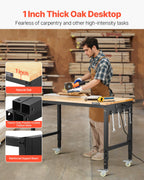 VEVOR 1219 mm Adjustable Workbench, 907 kg Load, Work Bench with Power Outlet, Wheels, and Pegboard, Heavy Duty Oak Wood Top Work Table for Garage, Workshop, Office, and Home