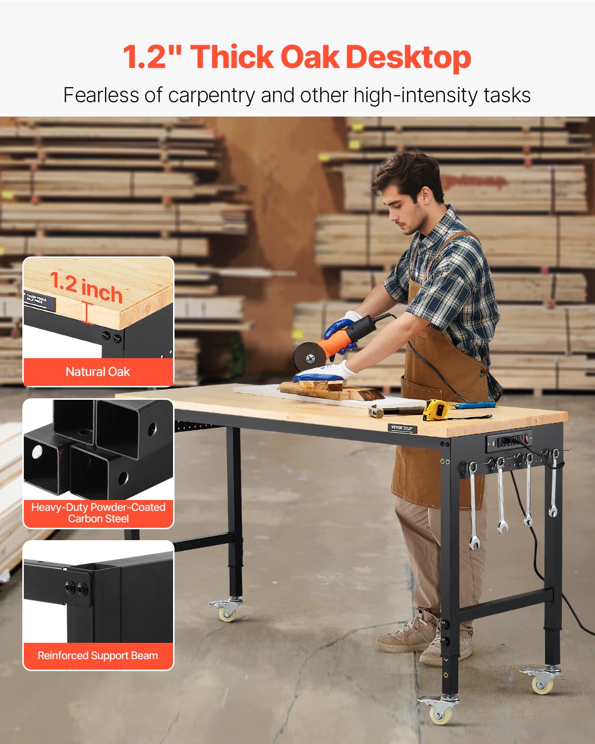 VEVOR 1524 mm Adjustable Workbench, 907 kg Load, Work Bench with Power Outlet, Wheels, and Pegboard, Heavy Duty Oak Wood Top Work Table for Garage, Workshop, Office, and Home