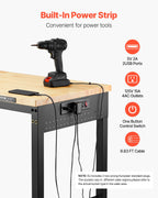 VEVOR 1524 mm Adjustable Workbench, 907 kg Load, Work Bench with Power Outlet, Wheels, and Pegboard, Heavy Duty Oak Wood Top Work Table for Garage, Workshop, Office, and Home