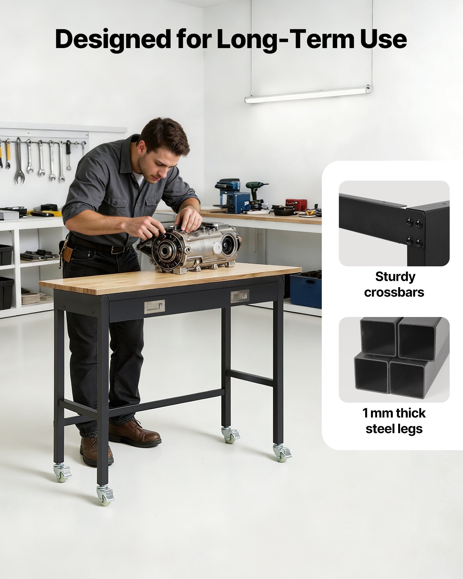 VEVOR 1220 mm Workbench, 680 kg Load Capacity, Garage Workbench with Drawer Storage & Wheels, Workshop Bench on Wheels, Heavy Duty Oak Wood Top Work Table for Garage, Workshop, Office, and Home
