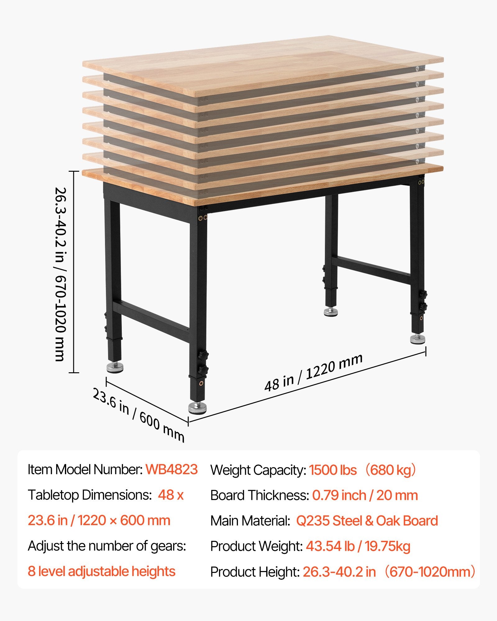 VEVOR Adjustable Workbench, 680 kg Capacity, 122 x 60 cm Oak Wood Top Workbench with 67-102 cm Height Adjustment, Heavy-Duty Hardwood Worktable for Garage, Workshop, Home, Office, Commercial