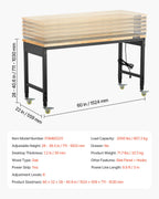VEVOR 1524 mm Adjustable Workbench, 907 kg Load, Work Bench with Power Outlet, Wheels, and Pegboard, Heavy Duty Oak Wood Top Work Table for Garage, Workshop, Office, and Home