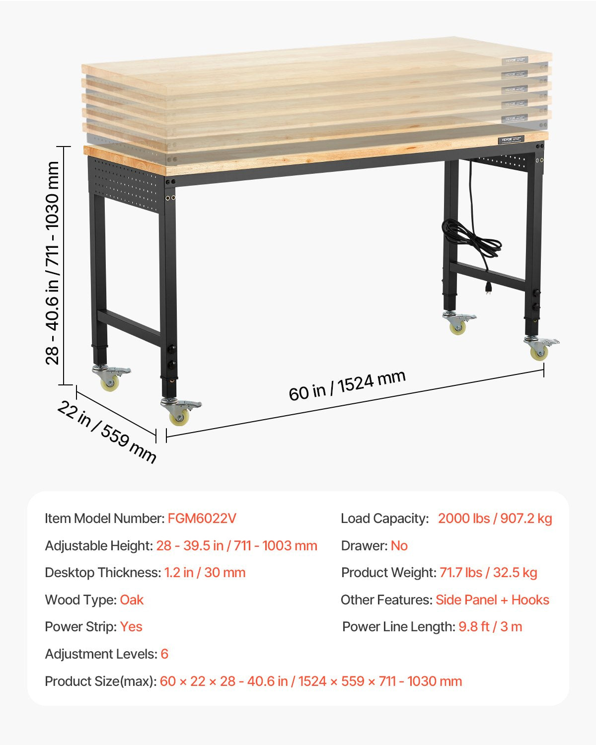 VEVOR 1524 mm Adjustable Workbench, 907 kg Load, Work Bench with Power Outlet, Wheels, and Pegboard, Heavy Duty Oak Wood Top Work Table for Garage, Workshop, Office, and Home