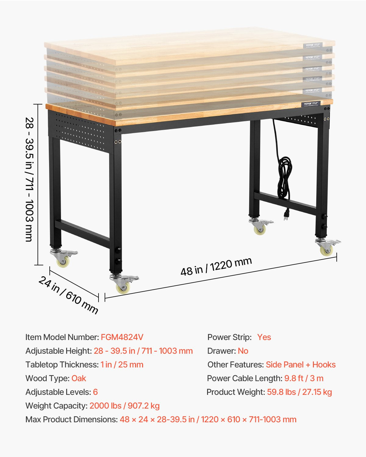 VEVOR 1219 mm Adjustable Workbench, 907 kg Load, Work Bench with Power Outlet, Wheels, and Pegboard, Heavy Duty Oak Wood Top Work Table for Garage, Workshop, Office, and Home