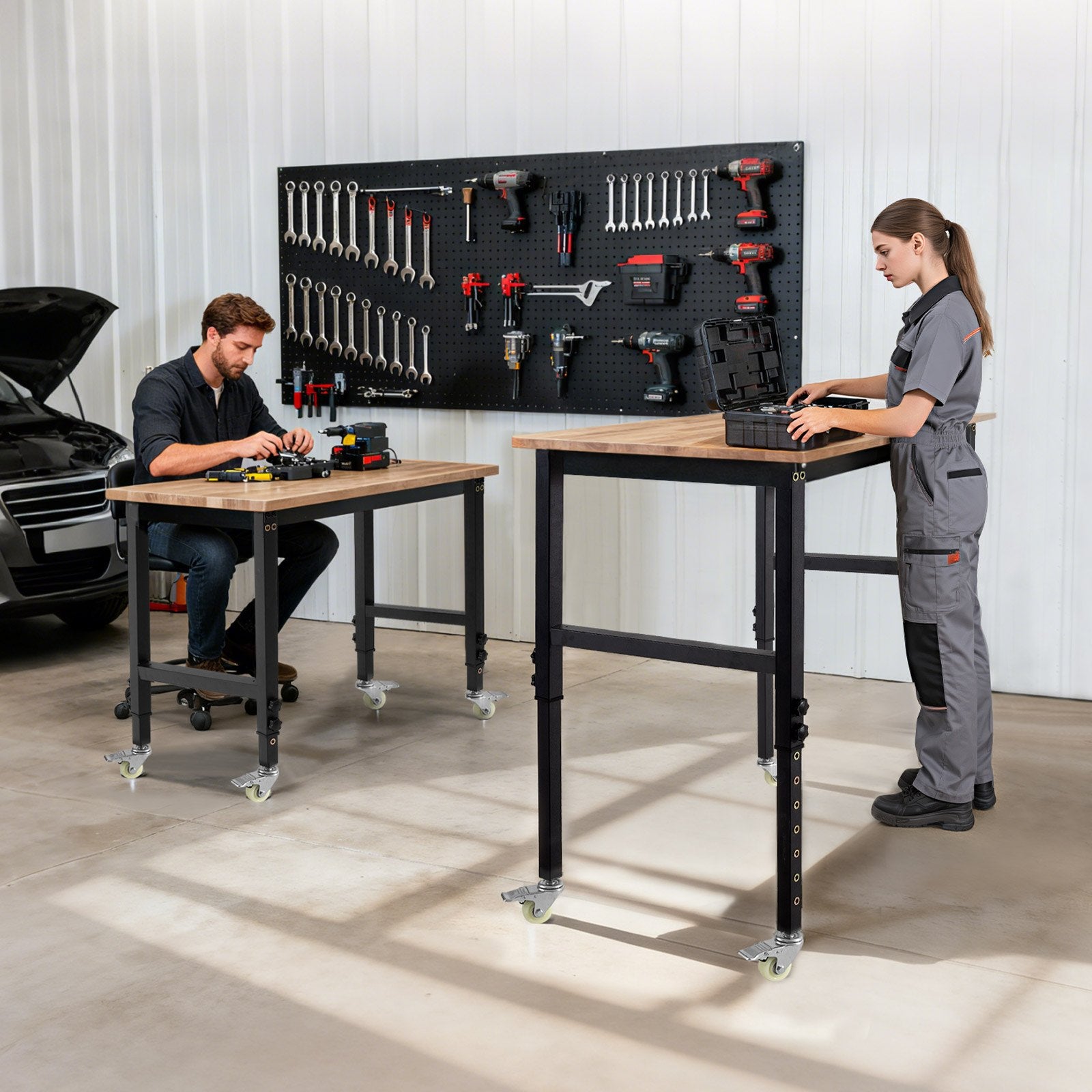 VEVOR Adjustable Workbench on Wheels, 680 kg Capacity, 122 x 60 cm Oak Wood Top Workbench with 72.5-107.5 Height Adjustment, Heavy-Duty Hardwood Worktable for Garage, Workshop, Home, Office