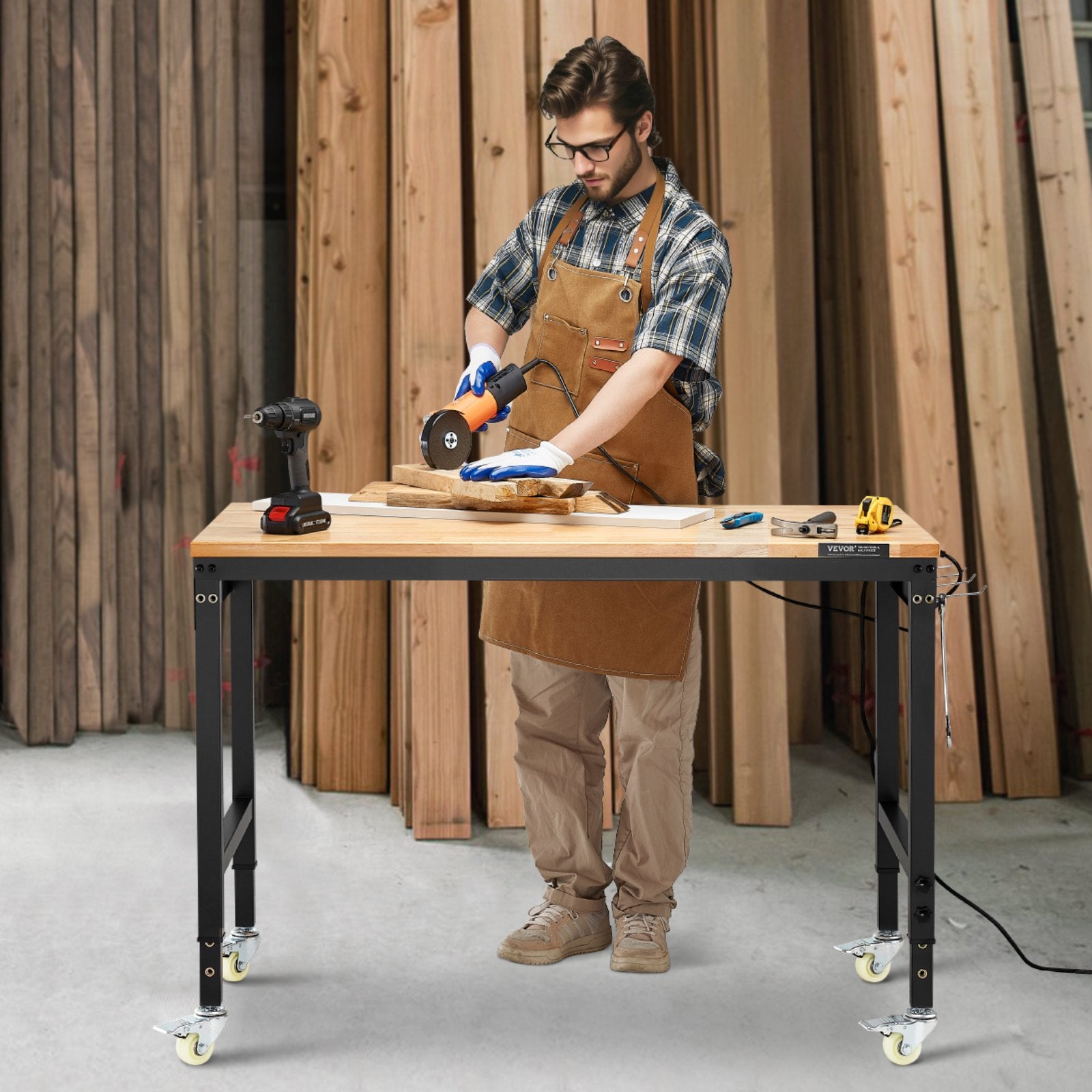VEVOR 1219 mm Adjustable Workbench, 907 kg Load, Work Bench with Power Outlet, Wheels, and Pegboard, Heavy Duty Oak Wood Top Work Table for Garage, Workshop, Office, and Home