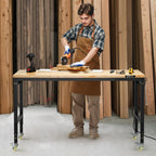VEVOR 1524 mm Adjustable Workbench, 907 kg Load, Work Bench with Power Outlet, Wheels, and Pegboard, Heavy Duty Oak Wood Top Work Table for Garage, Workshop, Office, and Home