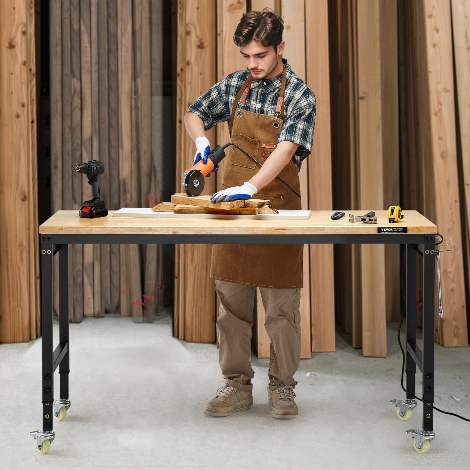 VEVOR 1524 mm Adjustable Workbench, 907 kg Load, Work Bench with Power Outlet, Wheels, and Pegboard, Heavy Duty Oak Wood Top Work Table for Garage, Workshop, Office, and Home