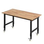 VEVOR Adjustable Workbench on Wheels, 680 kg Capacity, 122 x 60 cm Oak Wood Top Workbench with 72.5-107.5 Height Adjustment, Heavy-Duty Hardwood Worktable for Garage, Workshop, Home, Office