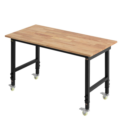 VEVOR Adjustable Workbench on Wheels, 680 kg Capacity, 122 x 60 cm Oak Wood Top Workbench with 72.5-107.5 Height Adjustment, Heavy-Duty Hardwood Worktable for Garage, Workshop, Home, Office