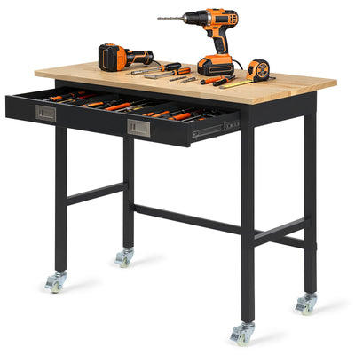VEVOR 1220 mm Workbench, 680 kg Load Capacity, Garage Workbench with Drawer Storage & Wheels, Workshop Bench on Wheels, Heavy Duty Oak Wood Top Work Table for Garage, Workshop, Office, and Home