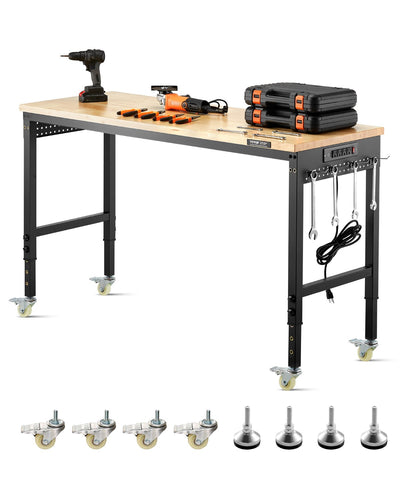 VEVOR 1524 mm Adjustable Workbench, 907 kg Load, Work Bench with Power Outlet, Wheels, and Pegboard, Heavy Duty Oak Wood Top Work Table for Garage, Workshop, Office, and Home