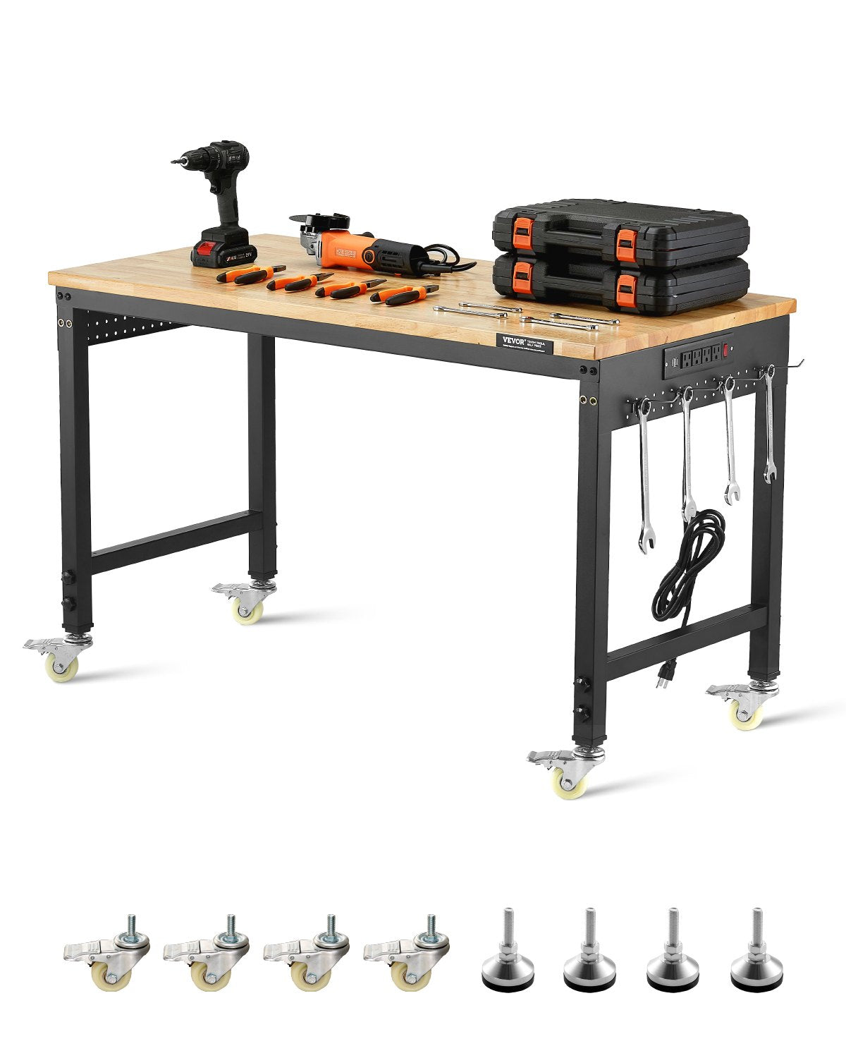 VEVOR 1219 mm Adjustable Workbench, 907 kg Load, Work Bench with Power Outlet, Wheels, and Pegboard, Heavy Duty Oak Wood Top Work Table for Garage, Workshop, Office, and Home
