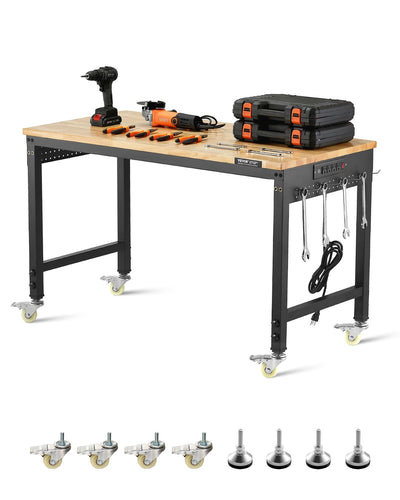 VEVOR 1219 mm Adjustable Workbench, 907 kg Load, Work Bench with Power Outlet, Wheels, and Pegboard, Heavy Duty Oak Wood Top Work Table for Garage, Workshop, Office, and Home
