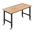 VEVOR Adjustable Workbench on Wheels, 680 kg Capacity, 122 x 60 cm Oak Wood Top Workbench with 72.5-107.5 Height Adjustment, Heavy-Duty Hardwood Worktable for Garage, Workshop, Home, Office