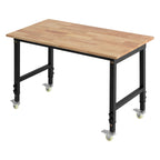 VEVOR Adjustable Workbench on Wheels, 680 kg Capacity, 122 x 60 cm Oak Wood Top Workbench with 72.5-107.5 Height Adjustment, Heavy-Duty Hardwood Worktable for Garage, Workshop, Home, Office