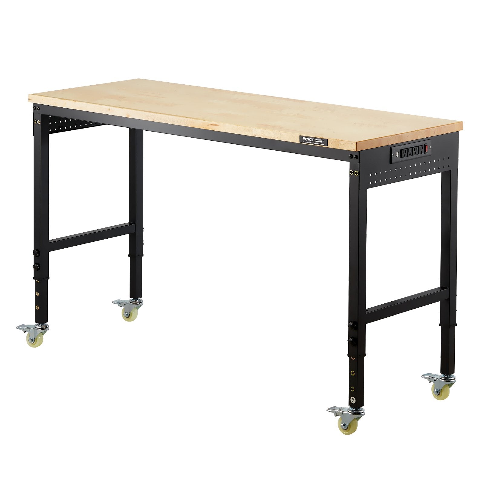 VEVOR 1524 mm Adjustable Workbench, 907 kg Load, Work Bench with Power Outlet, Wheels, and Pegboard, Heavy Duty Oak Wood Top Work Table for Garage, Workshop, Office, and Home