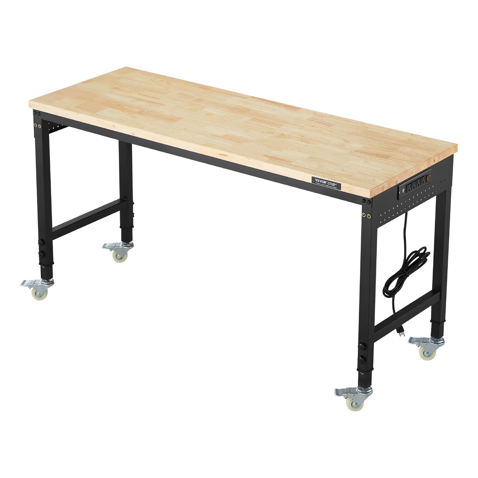VEVOR 1524 mm Adjustable Workbench, 907 kg Load, Work Bench with Power Outlet, Wheels, and Pegboard, Heavy Duty Oak Wood Top Work Table for Garage, Workshop, Office, and Home