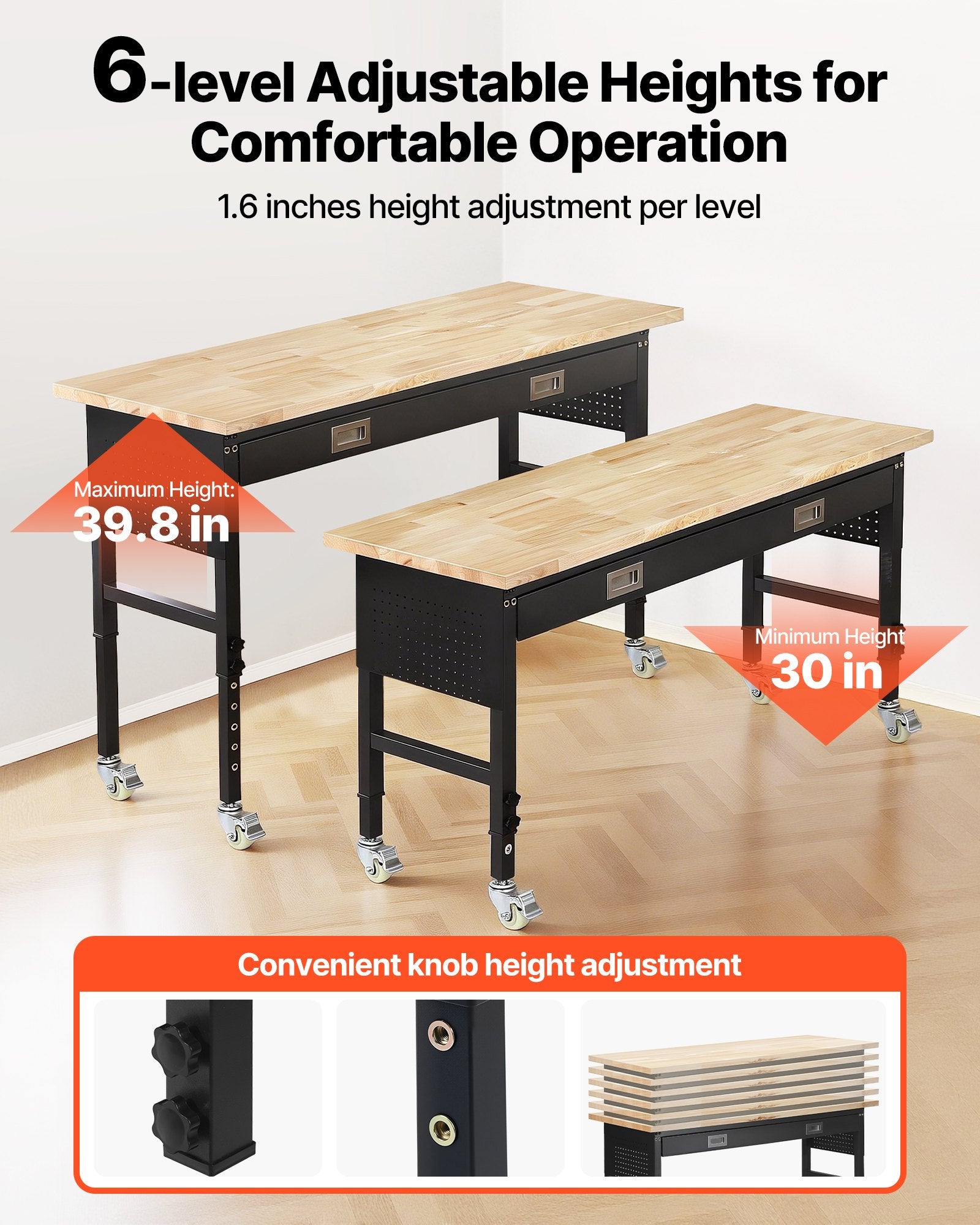 VEVOR 1524 mm Adjustable Workbench, 680 kg Load Capacity, Garage Workbench with Drawer, Power Outlet, Wheels, and Pegboard, Heavy Duty Oak Wood Top Work Table for Garage, Workshop, Office, and Home