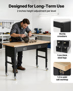 VEVOR 1524 mm Adjustable Workbench, 680 kg Load Capacity, Garage Workbench with Drawer, Power Outlet, Wheels, and Pegboard, Heavy Duty Oak Wood Top Work Table for Garage, Workshop, Office, and Home