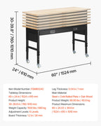VEVOR 1524 mm Adjustable Workbench, 680 kg Load Capacity, Garage Workbench with Drawer, Power Outlet, Wheels, and Pegboard, Heavy Duty Oak Wood Top Work Table for Garage, Workshop, Office, and Home