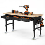 VEVOR 1524 mm Adjustable Workbench, 680 kg Load Capacity, Garage Workbench with Drawer, Power Outlet, Wheels, and Pegboard, Heavy Duty Oak Wood Top Work Table for Garage, Workshop, Office, and Home