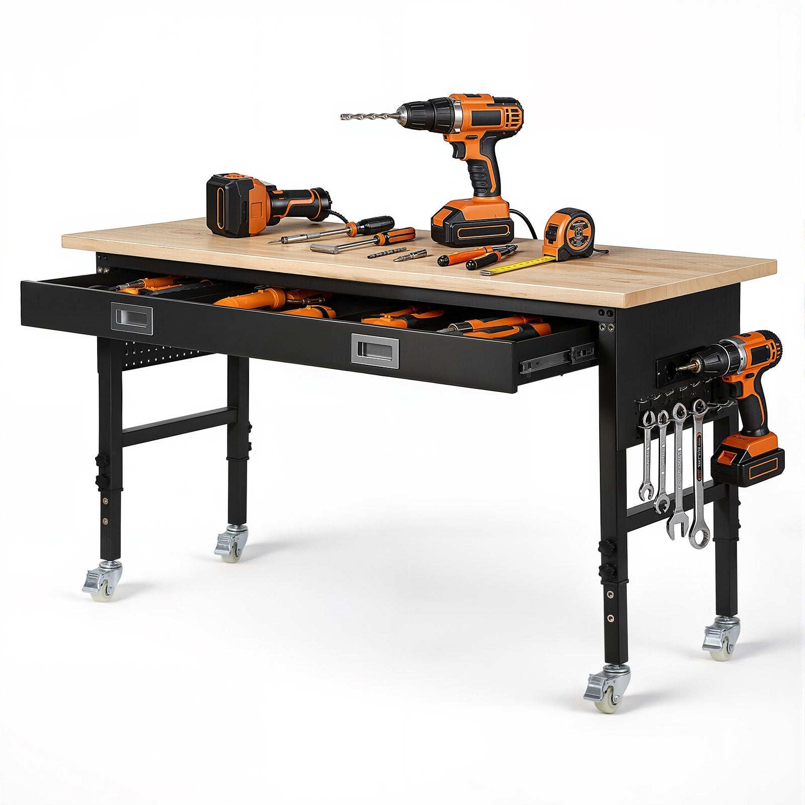 VEVOR 1524 mm Adjustable Workbench, 680 kg Load Capacity, Garage Workbench with Drawer, Power Outlet, Wheels, and Pegboard, Heavy Duty Oak Wood Top Work Table for Garage, Workshop, Office, and Home