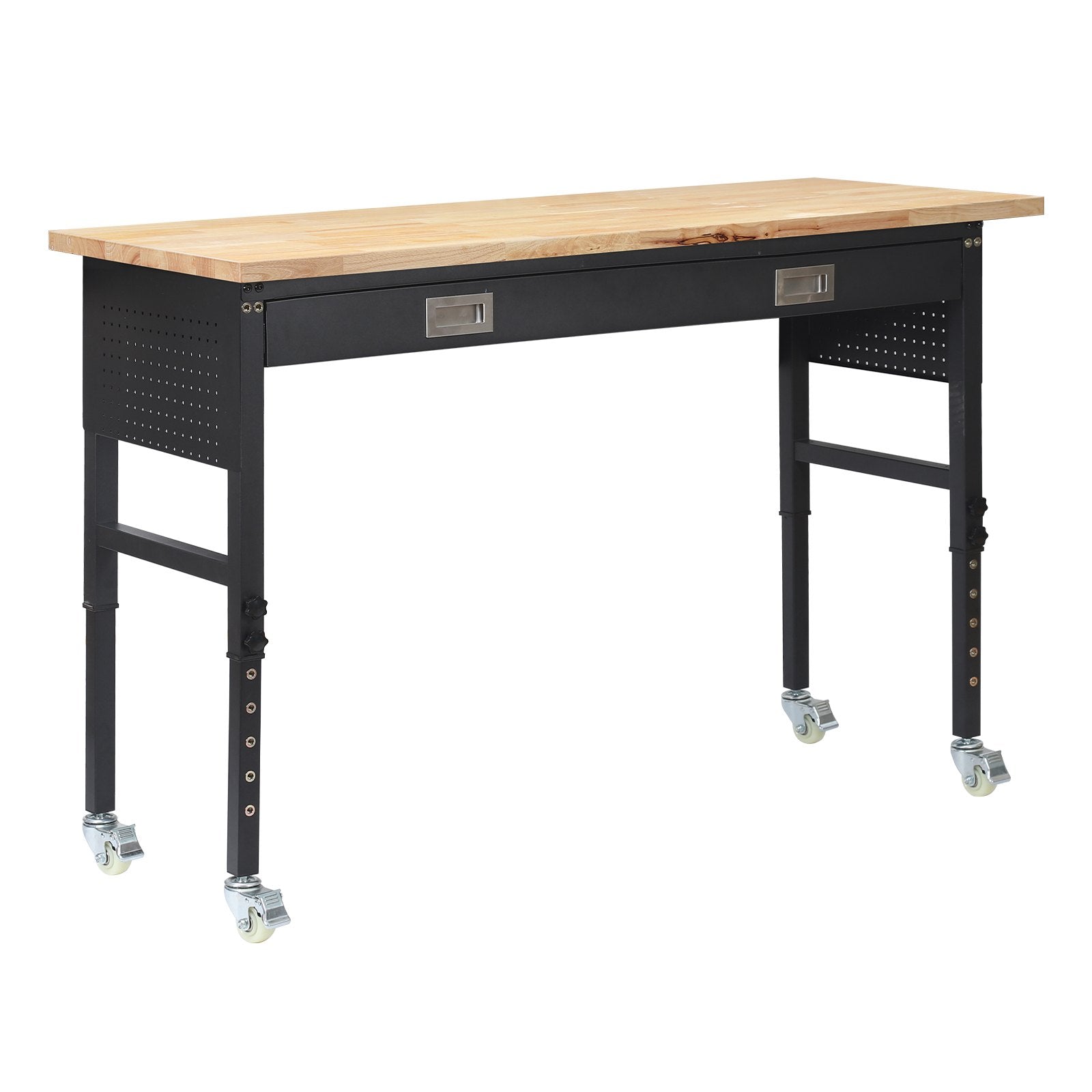 VEVOR 1524 mm Adjustable Workbench, 680 kg Load Capacity, Garage Workbench with Drawer, Power Outlet, Wheels, and Pegboard, Heavy Duty Oak Wood Top Work Table for Garage, Workshop, Office, and Home