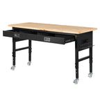 VEVOR 1524 mm Adjustable Workbench, 680 kg Load Capacity, Garage Workbench with Drawer, Power Outlet, Wheels, and Pegboard, Heavy Duty Oak Wood Top Work Table for Garage, Workshop, Office, and Home