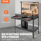 VEVOR Workbench A3 Steel Work Bench For Garage max. 1500W Heavy Duty Workbench 220lbs Weight Capacity 0.47" Bench top Thickness Hardwood Workbench 1.5m Cable 4xAC outlets 2xUSB ports 30xHooks