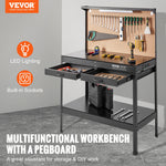 VEVOR Workbench A3 Steel Work Bench For Garage max. 1500W Heavy Duty Workbench 220lbs Weight Capacity 0.47" Bench top Thickness Hardwood Workbench 1.5m Cable 4xAC outlets 2xUSB ports 30xHooks