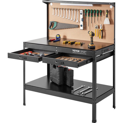 VEVOR Workbench A3 Steel Work Bench For Garage max. 1500W Heavy Duty Workbench 220lbs Weight Capacity 0.47" Bench top Thickness Hardwood Workbench 1.5m Cable 4xAC outlets 2xUSB ports 30xHooks
