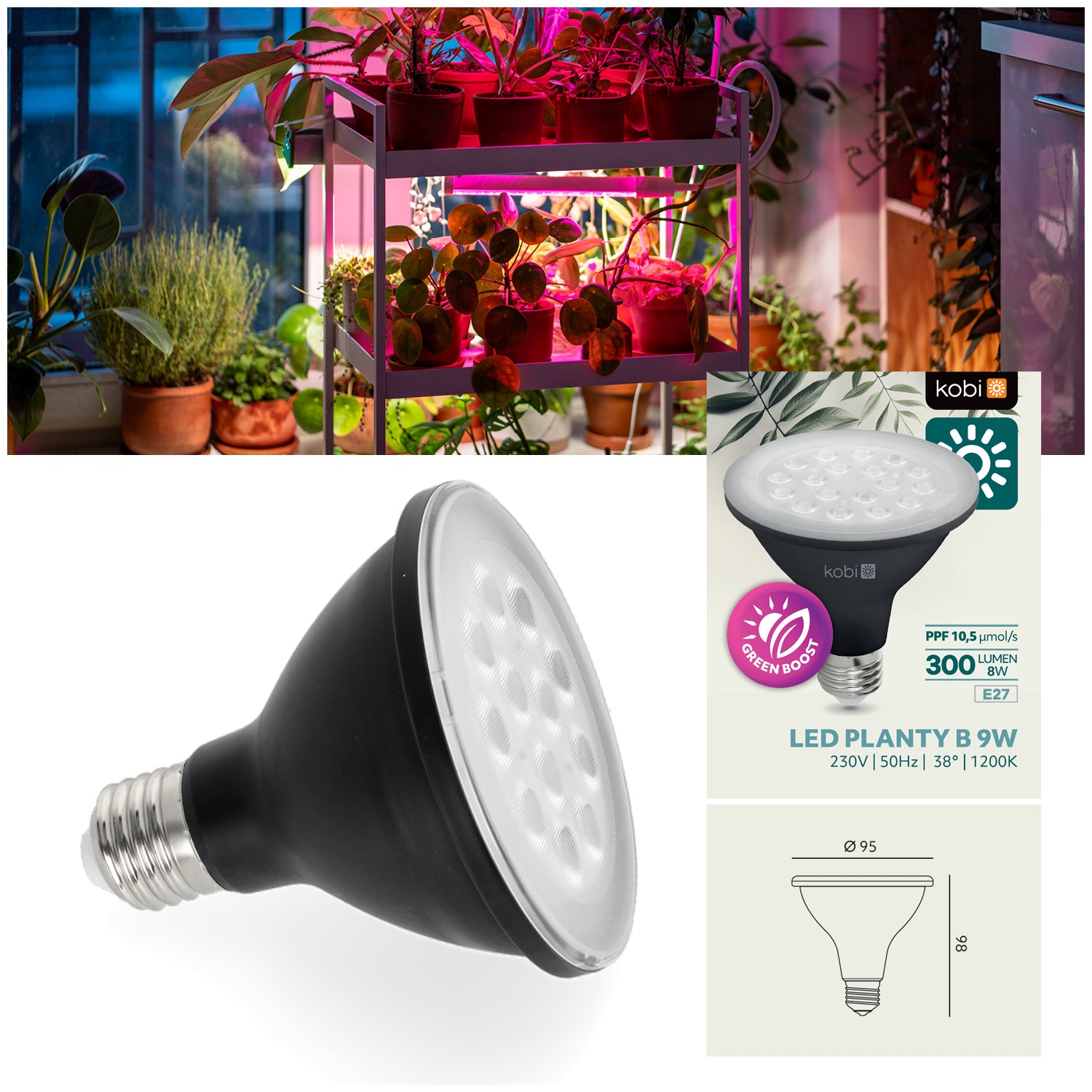 LED grow bulb LED PLANTY B E27 9W E27 1200K Black Kobi Desing