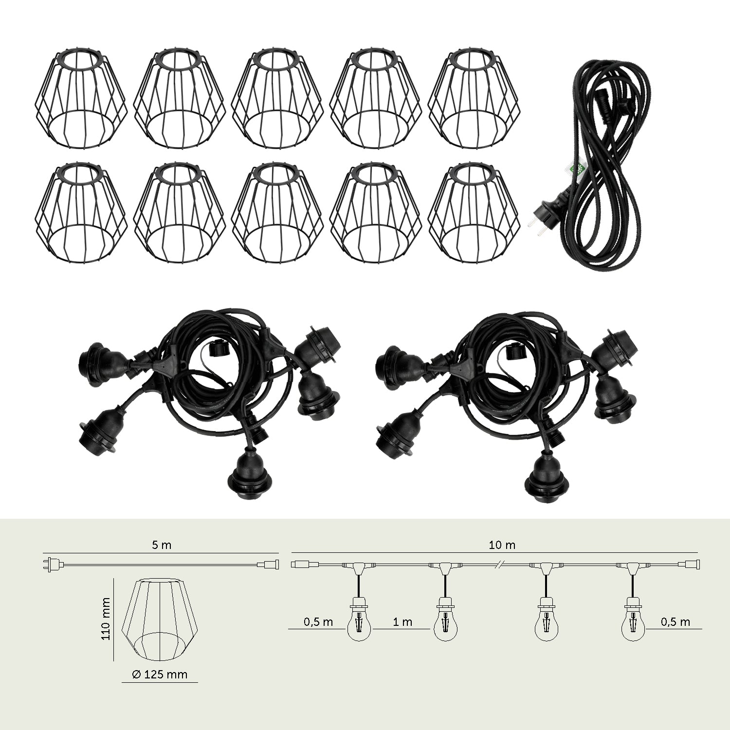 SET CRETE Garland 10m + cable 5m + 10x lampshade D1