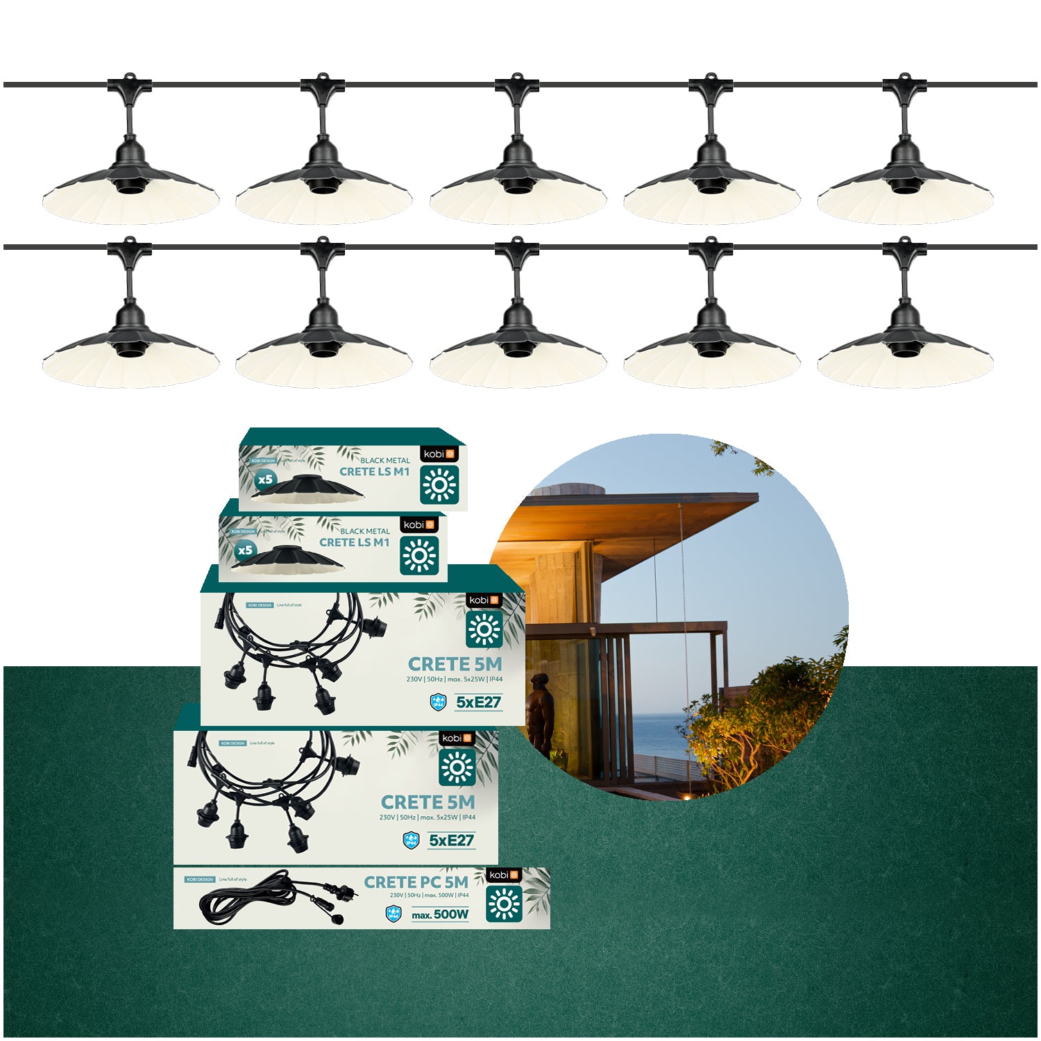 SET CRETE Garland 10m + cable 5m + 10x lampshade M1