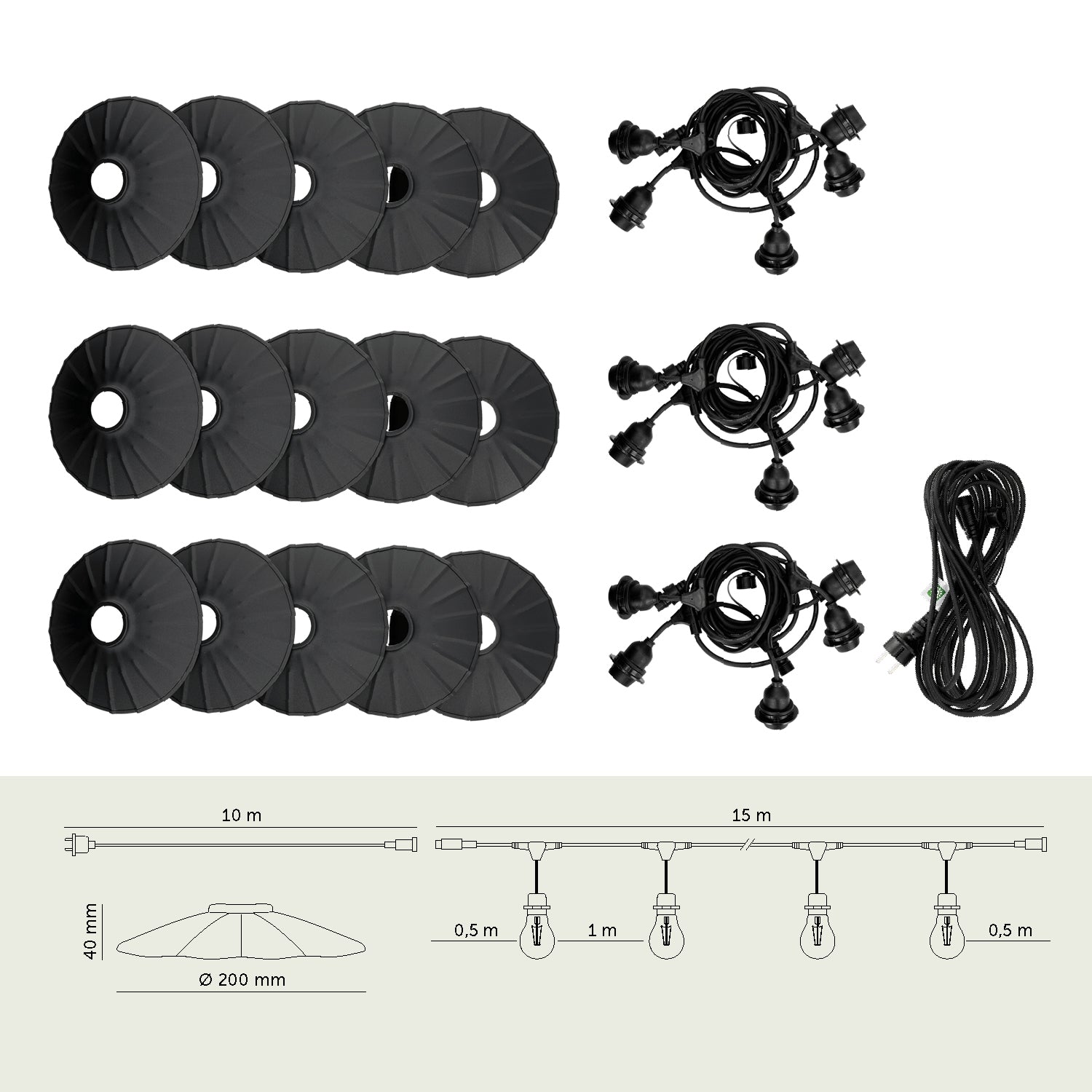 SET CRETE Garland 15m + cable 10m + 15x lampshade M1