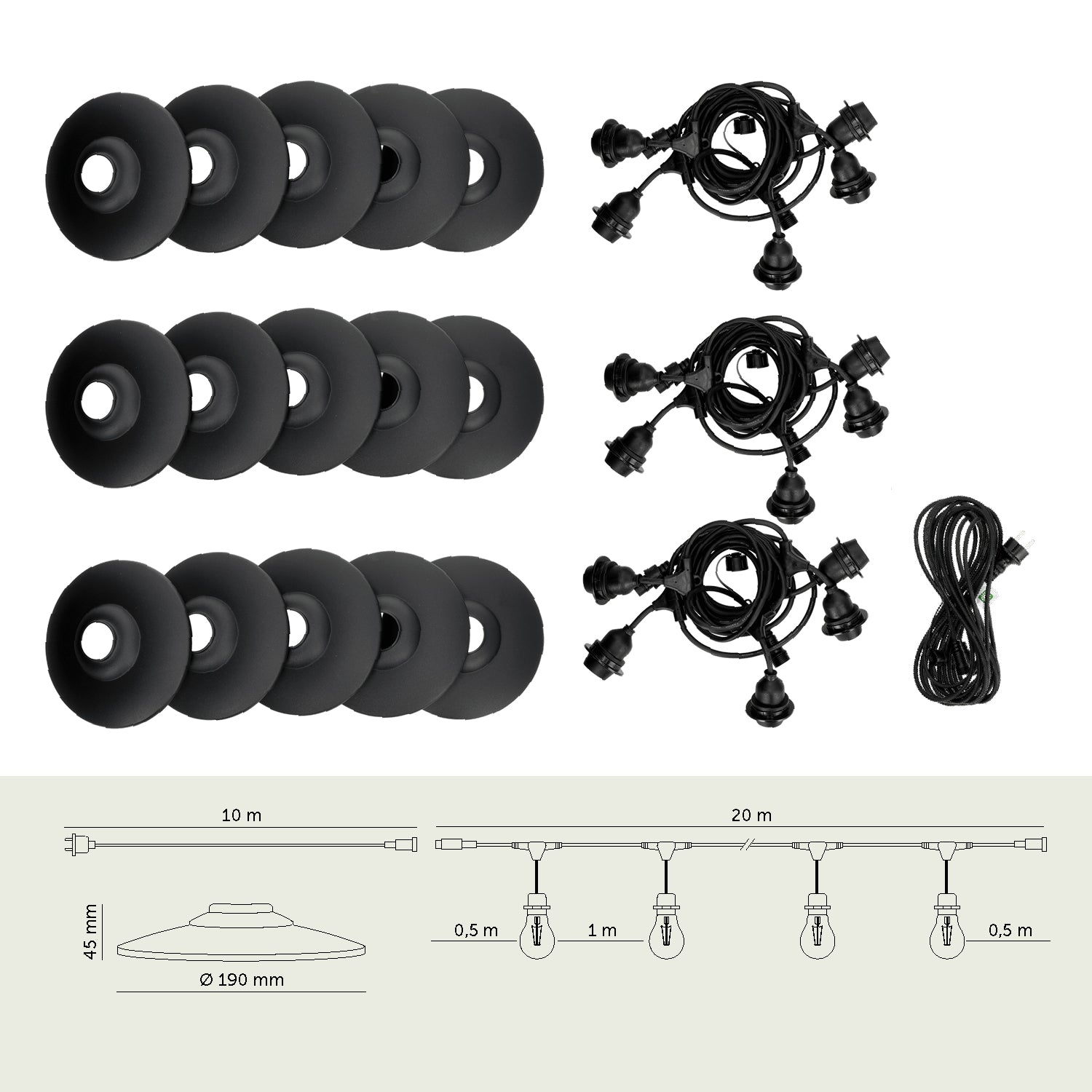 SET CRETE Garland 15m + cable 10m + 15x lampshade M2