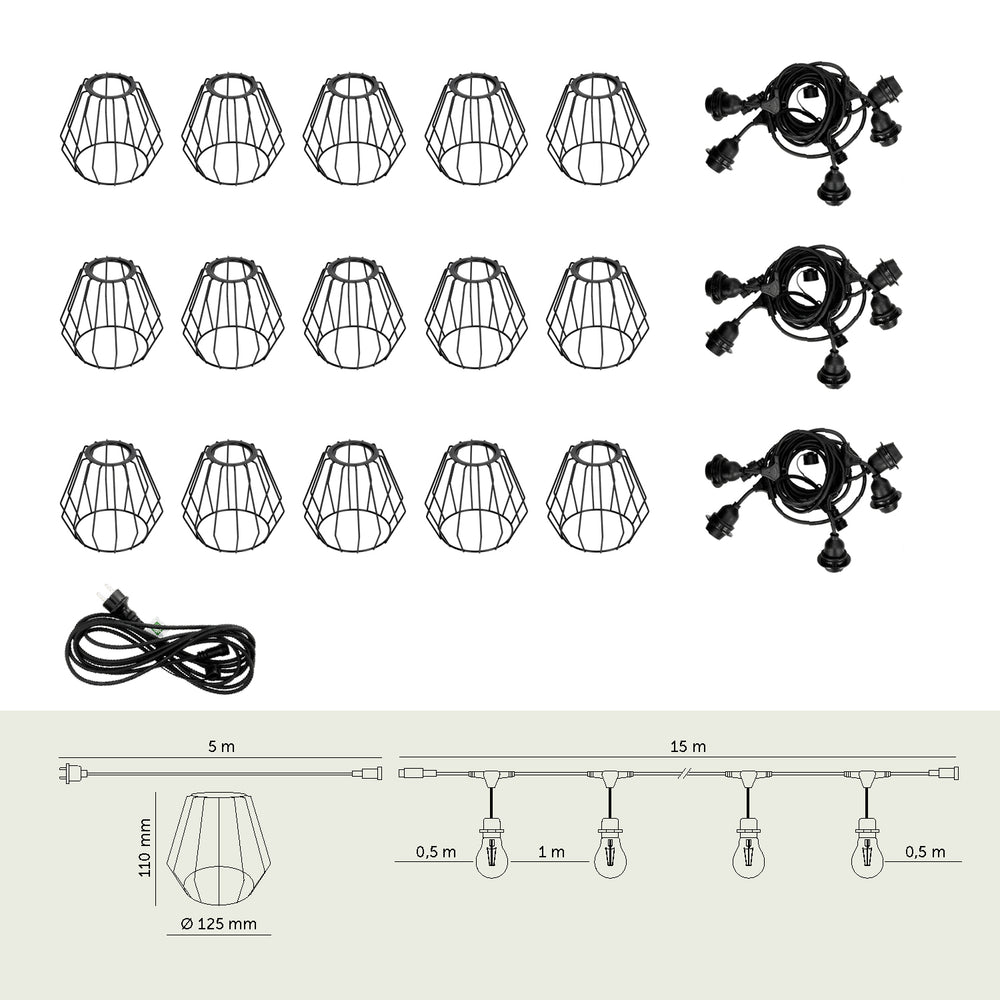SET CRETE Garland 15m + cable 5m + 15x lampshade D1