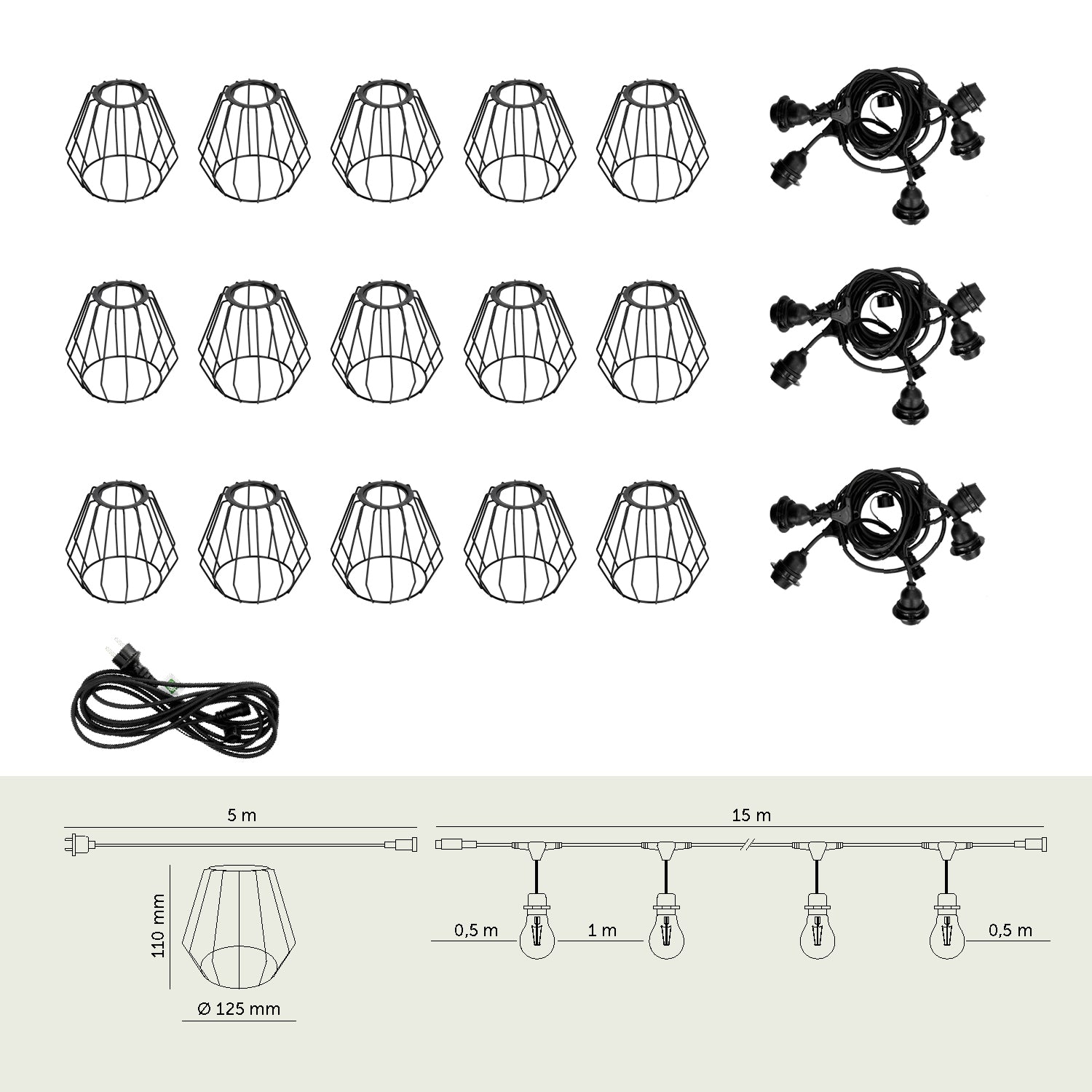 SET CRETE Garland 15m + cable 5m + 15x lampshade D1