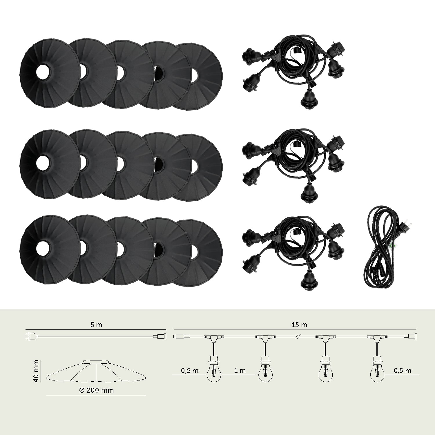 SET CRETE Garland 15m + cable 5m + 15x lampshade M1