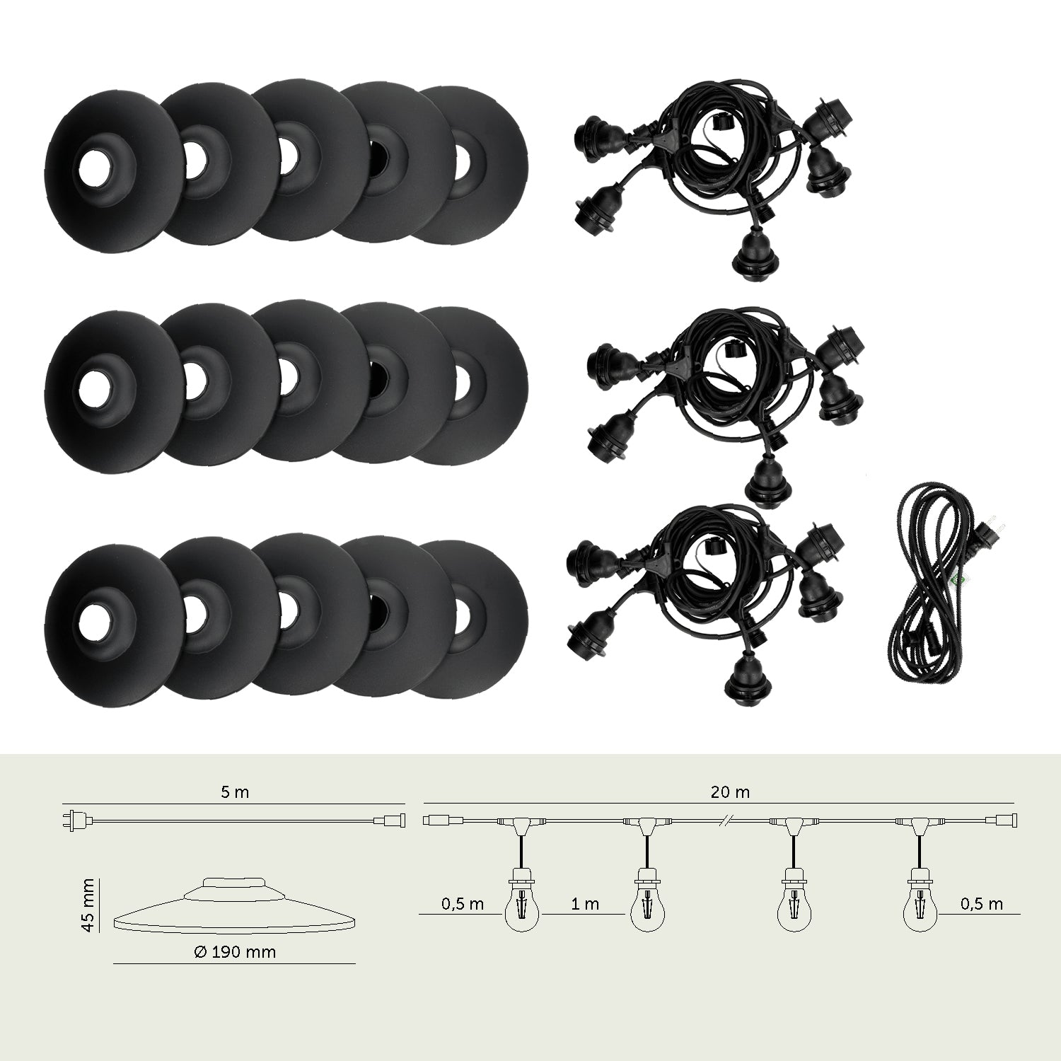 SET CRETE Garland 15m cable 5m + 15x lampshade M2