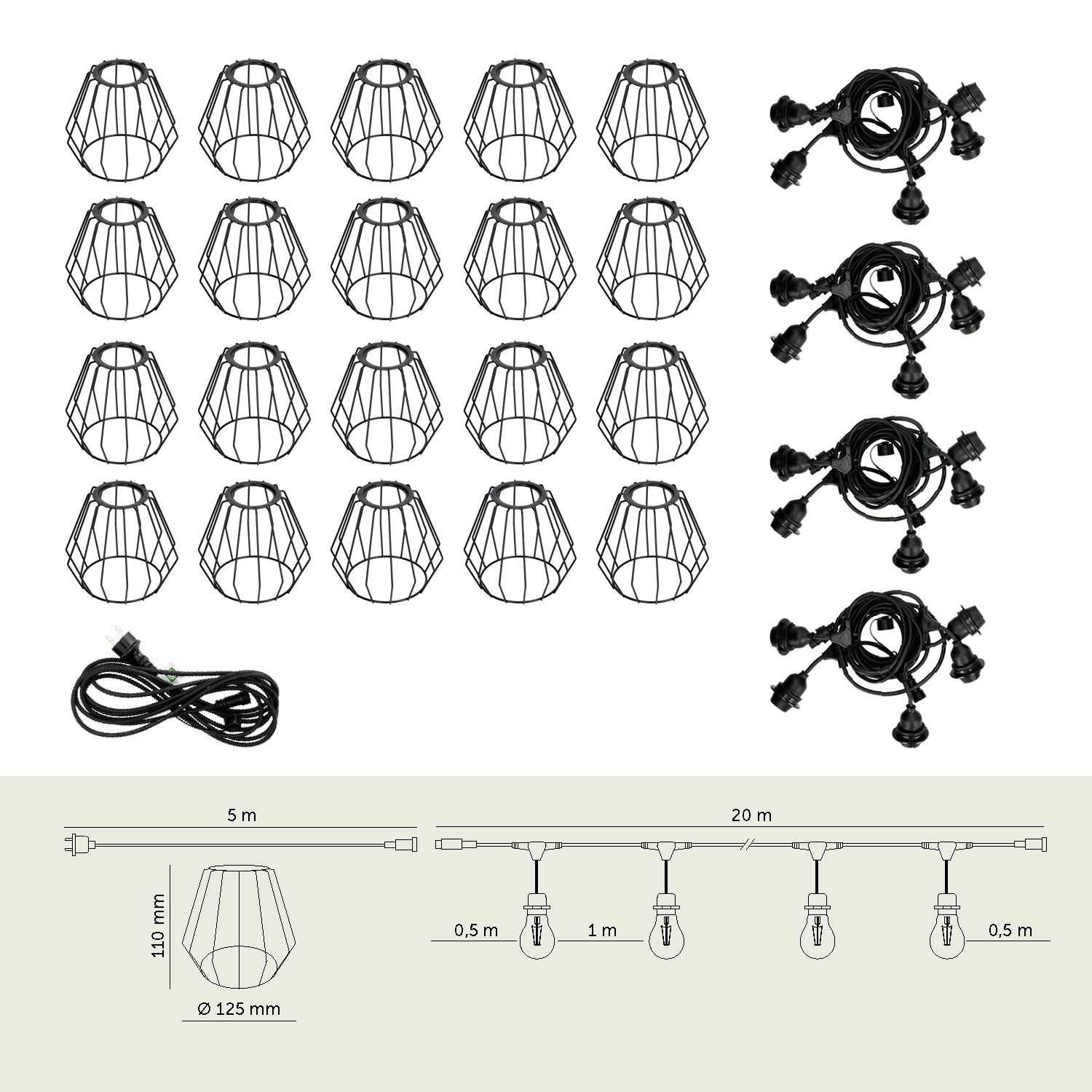 SET CRETE Garland 20m + cable 5m + 20x lampshade D1