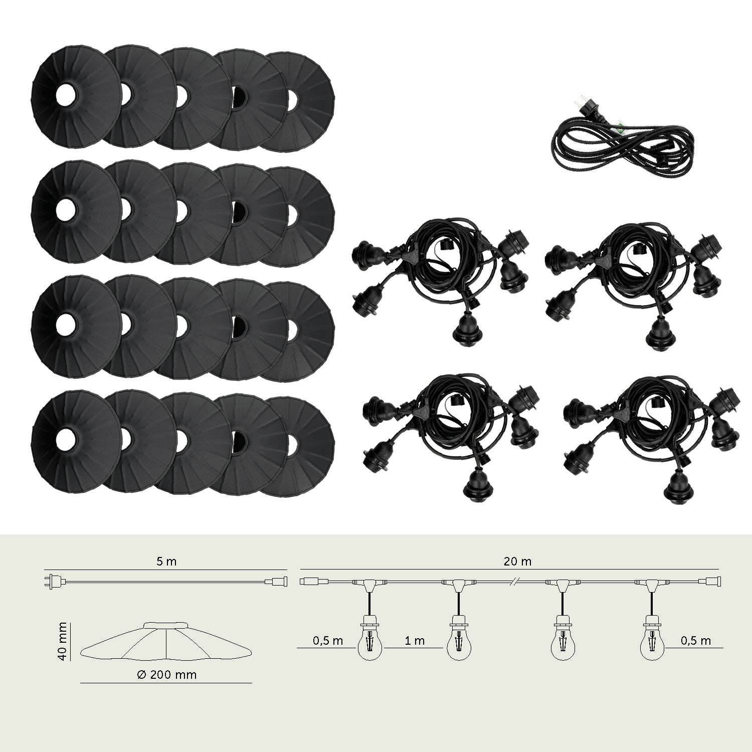 SET CRETE Garland 20m + cable 5m + 20x lampshade M1