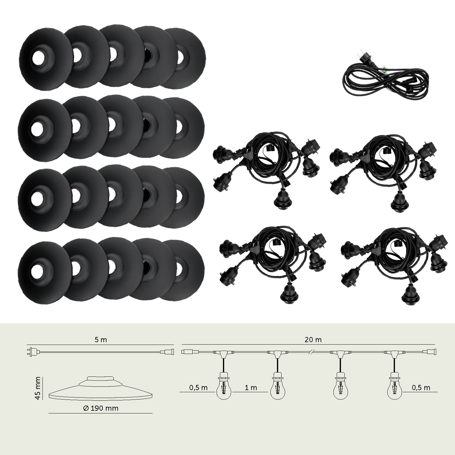 SET CRETE Garland 20m + cable 5m + 20x lampshade M2